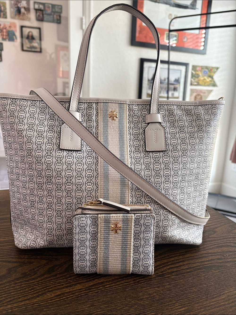 Tory Burch Gemini Link Ivory & Light Blue Canvas Logo Stripe Tote w/ Wallet